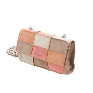 AUTH CHANEL PATCHWORK SUEDE MINI BAG CRYSTAL CC SILVER CHAIN RARE VINTAGE BOHO